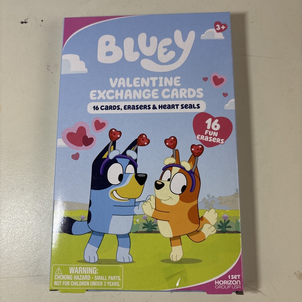Bluey Valentines Day Exchange Cards Kids 16-Count Erasers & Heart Seals School